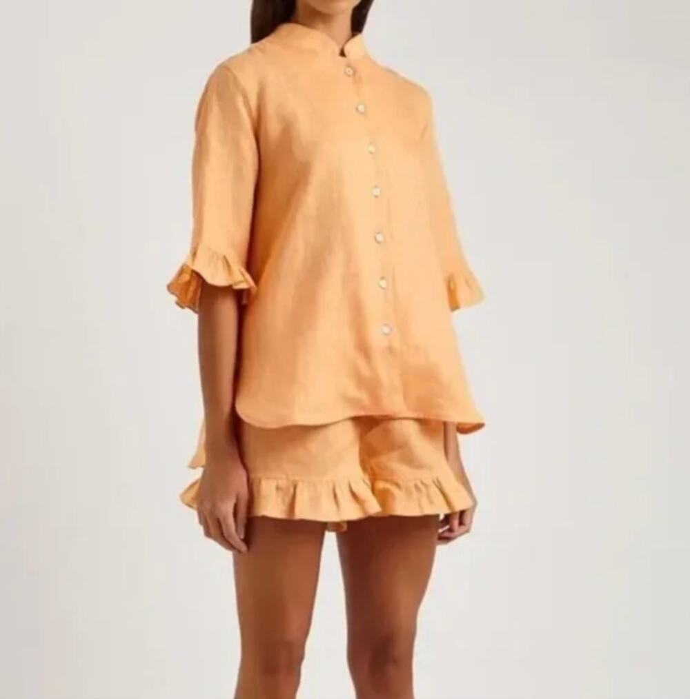 SLEEPER Orange Linen Button Down Top